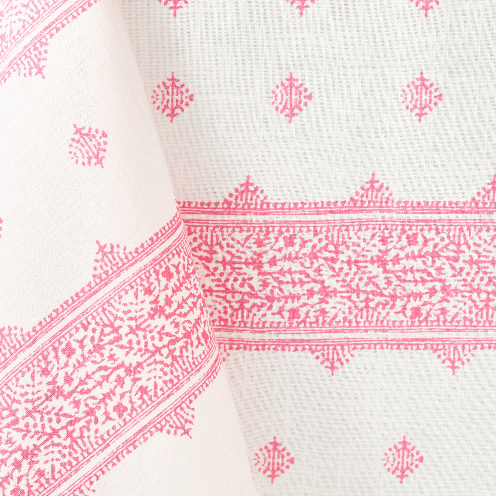 Bright pink Fez stripe printed 100% cotton slub tablecloth with intricate vintage-inspired embroidery patterns.