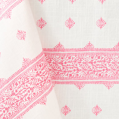 Bright pink Fez stripe printed 100% cotton slub tablecloth with intricate vintage-inspired embroidery patterns.
