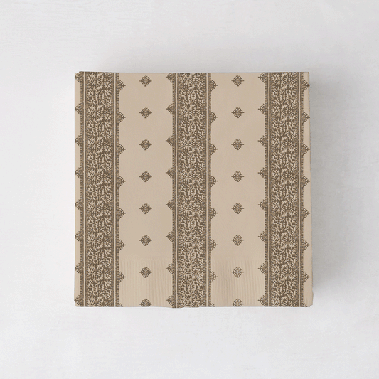 Peter Dunham + Hudson Grace Deeg cocktail napkins, beige with brown patterned stripes.