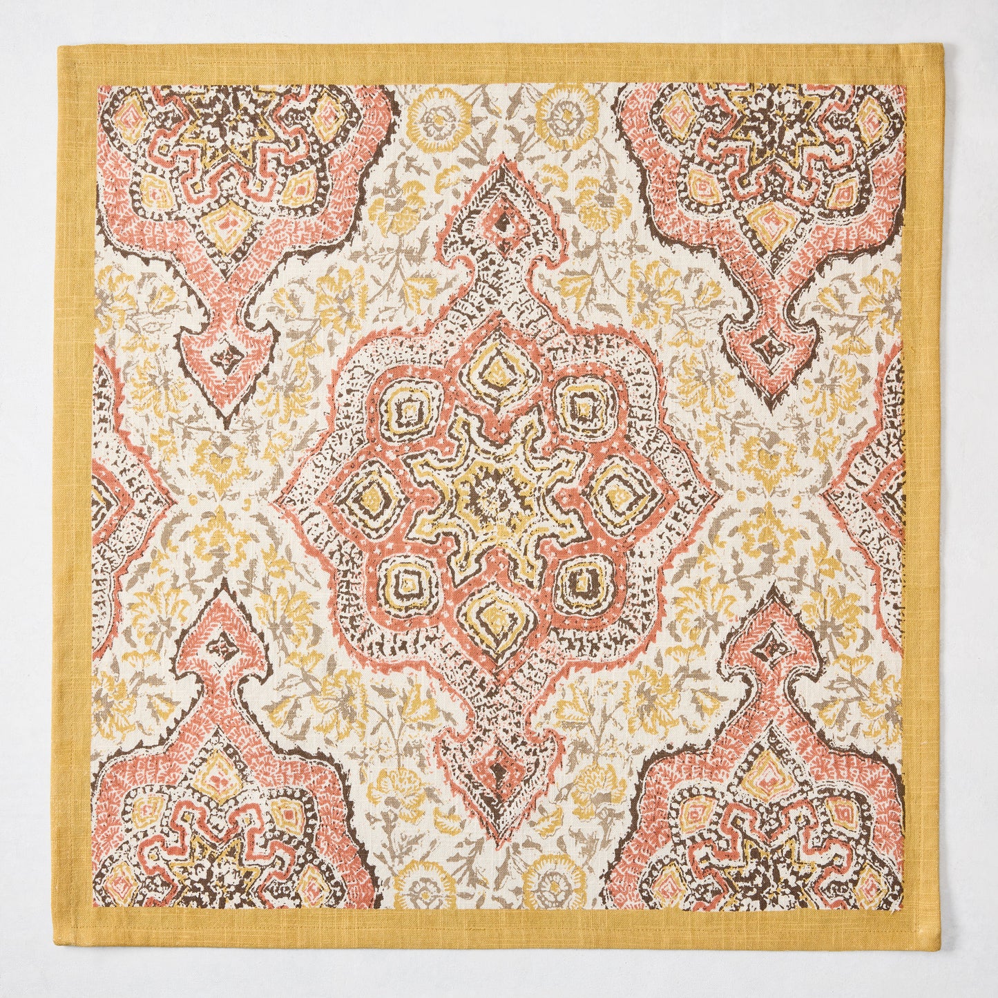 Peter Dunham + Hudson Grace Gold and Spice Orange Deeg Printed Napkin, 100% cotton slub with yellow border.