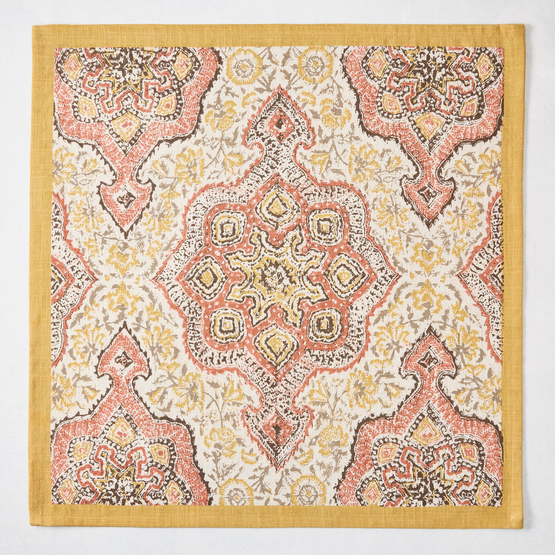 Peter Dunham + Hudson Grace Gold and Spice Orange Deeg Printed Napkin, 100% cotton slub with yellow border.