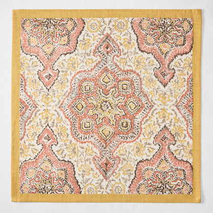 Peter Dunham + Hudson Grace Gold and Spice Orange Deeg Printed Napkin, 100% cotton slub with yellow border.