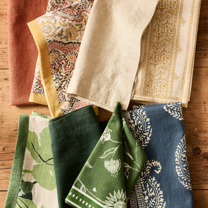 Peter Dunham + Hudson Grace Gold and Spice Orange Deeg Printed Napkin, 100% cotton slub with yellow border.