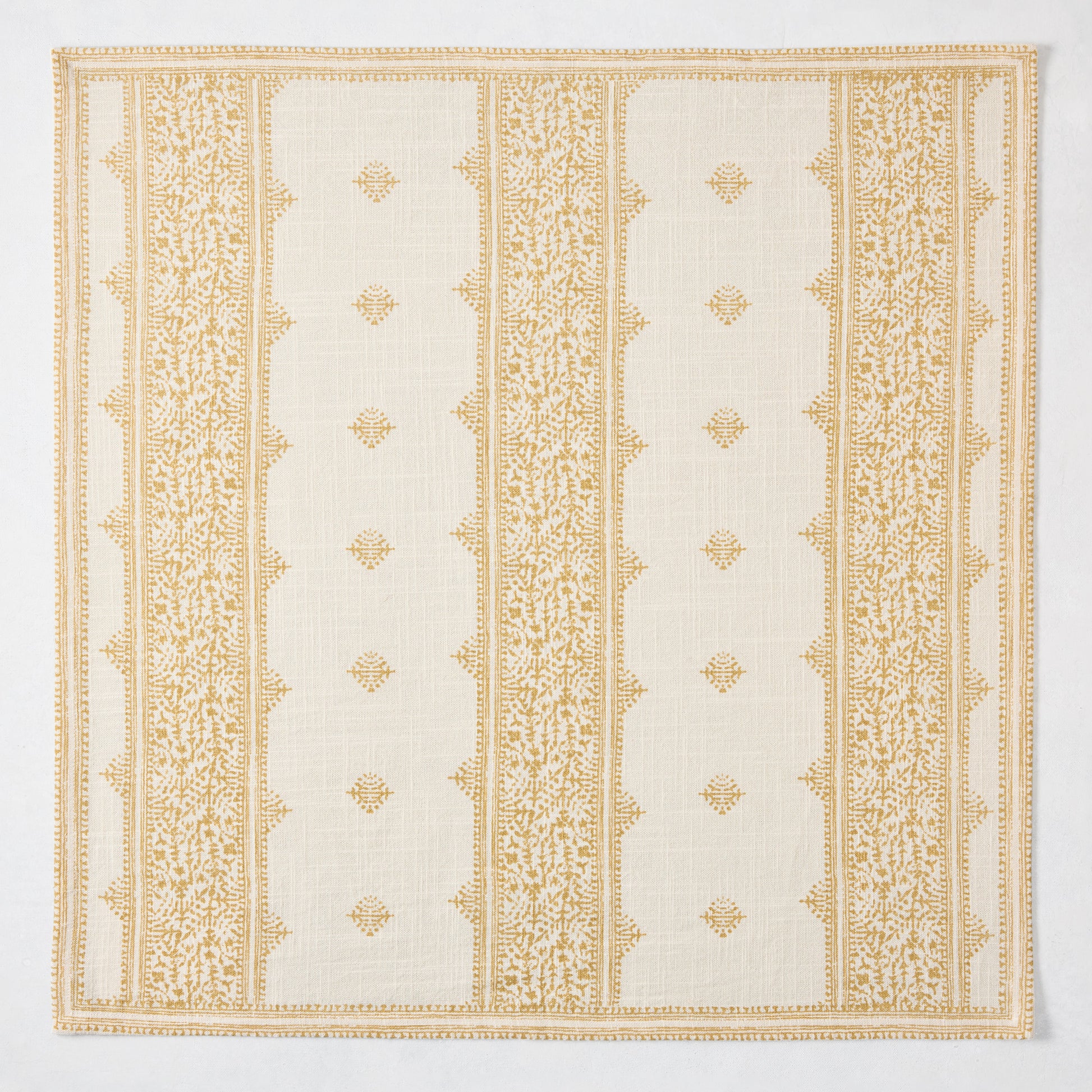 Peter Dunham + Hudson Grace Golden Yellow Fez Stripe cotton slub napkin with vintage embroidery pattern.