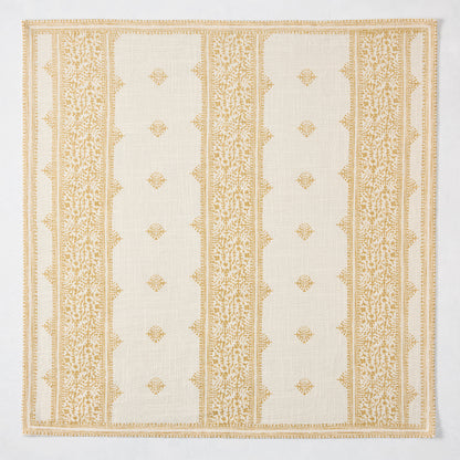 Peter Dunham + Hudson Grace Golden Yellow Fez Stripe cotton slub napkin with vintage embroidery pattern.