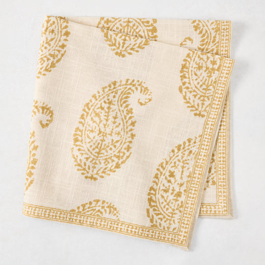 Peter Dunham + Hudson Grace Golden Yellow Kashmir Paisley Printed Napkin, ivory with gold motif.