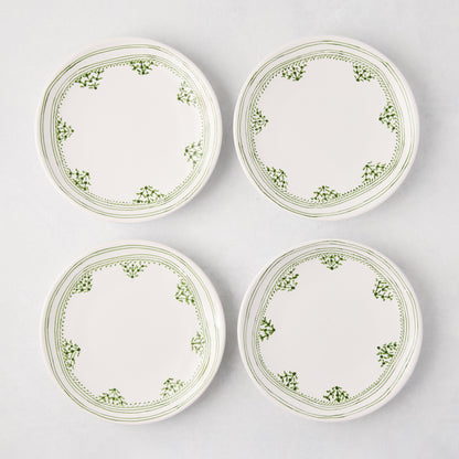 Four Peter Dunham + Hudson Grace Green Fez appetizer plates with hand-painted green borders.