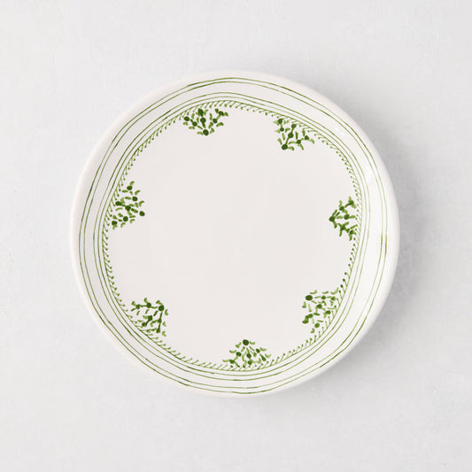 Peter Dunham + Hudson Grace Green Fez hand-painted border appetizer plate, white with green pattern.
