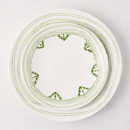 Peter Dunham + Hudson Grace Green Fez hand-painted border dinner plate, white with green abstract pattern.