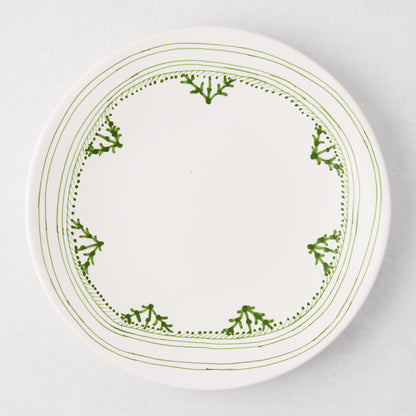 Peter Dunham + Hudson Grace Green Fez hand-painted border dinner plate, white with green pattern.