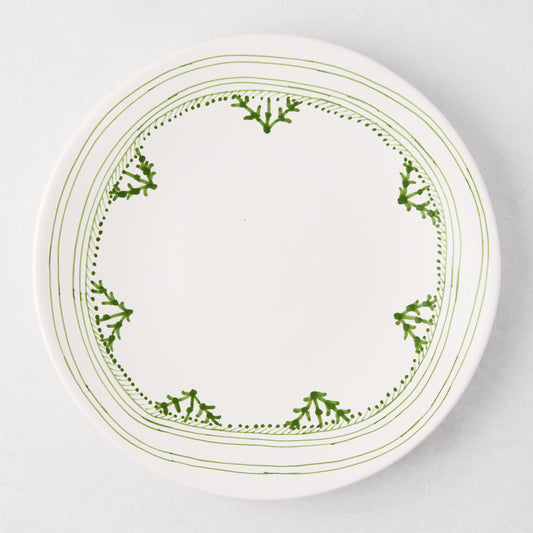 Peter Dunham + Hudson Grace Green Fez hand-painted border dinner plate, white with green pattern.