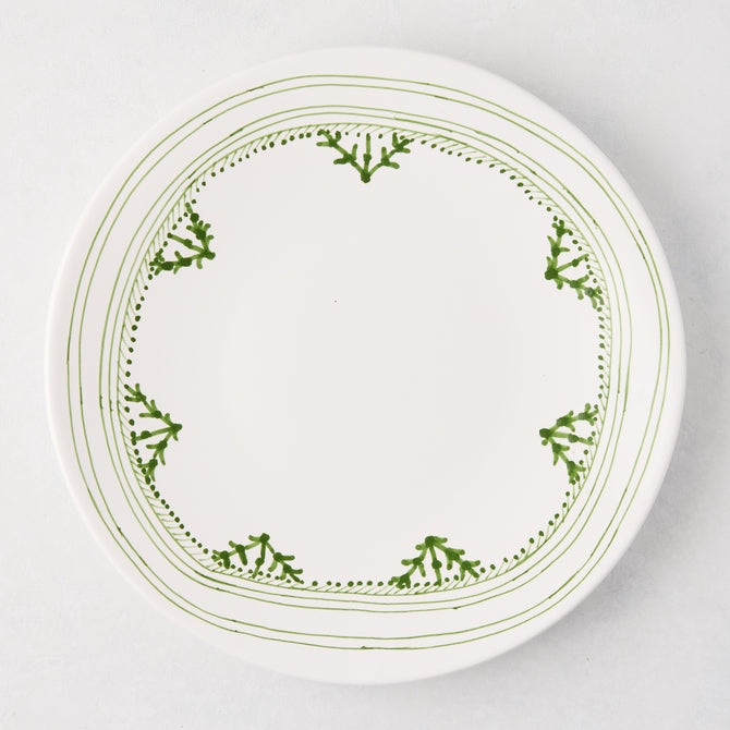 Peter Dunham + Hudson Grace Green Fez hand-painted border dinner plate, white with green pattern.