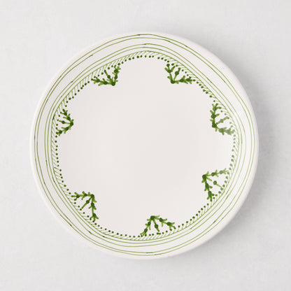 Peter Dunham + Hudson Grace Green Fez hand-painted border salad plate, white with green pattern.