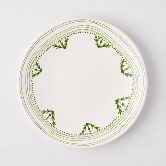 Peter Dunham + Hudson Grace Green Fez hand-painted border salad plate, white with green pattern.