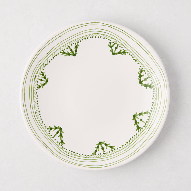 Peter Dunham + Hudson Grace Green Fez hand-painted border salad plate, white with green pattern.