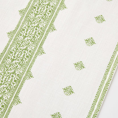 Peter Dunham + Hudson Grace green Fez stripe cotton table runner with intricate vintage-inspired embroidery pattern.