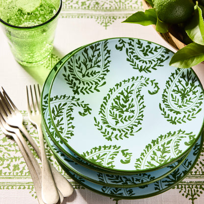 Peter Dunham + Hudson Grace Green Fez Stripe Printed Tablecloth, 100% cotton slub, with green paisley plates.
