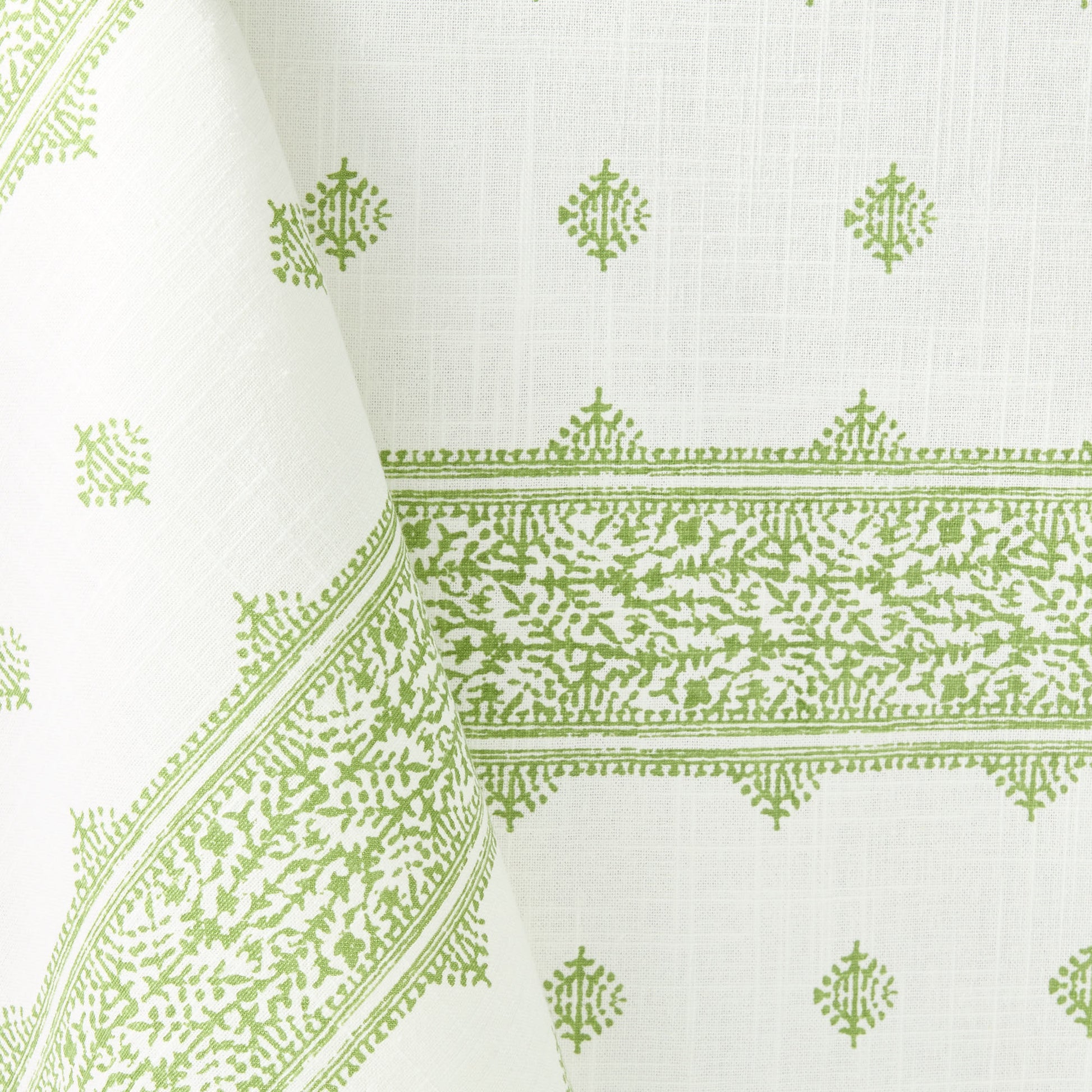 Peter Dunham x Hudson Grace green Fez stripe printed 100% cotton slub tablecloth with intricate vintage-style embroidery.