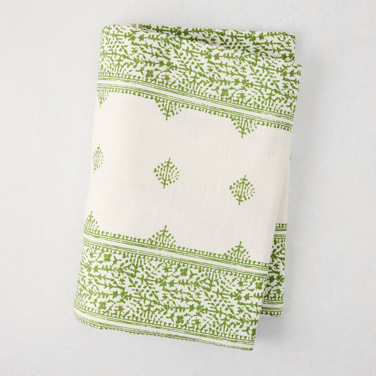 Peter Dunham + Hudson Grace Green Fez Stripe Printed Tablecloth, 100% cotton slub, 70"W x 108"L.