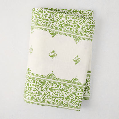 Peter Dunham + Hudson Grace Green Fez Stripe Printed Tablecloth, 100% cotton slub, 70"W x 108"L.