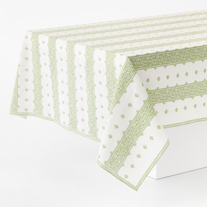 Peter Dunham x Hudson Grace 70x108 inch green and white cotton slub tablecloth with intricate vintage stripe pattern.