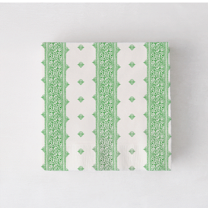 Peter Dunham + Hudson Grace Fez cocktail napkins, white with green intricate stripe pattern.