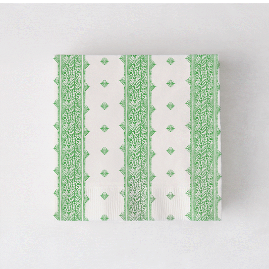 Peter Dunham + Hudson Grace Fez cocktail napkins, white with green intricate stripe pattern.