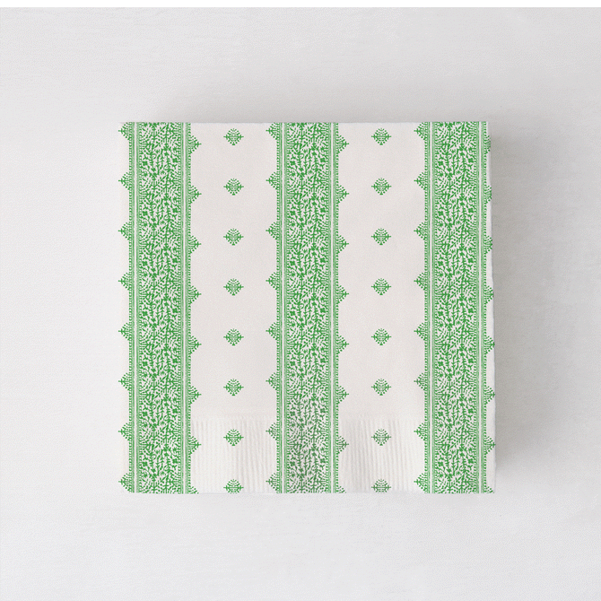 Peter Dunham + Hudson Grace Fez cocktail napkins, white with green intricate stripe pattern.