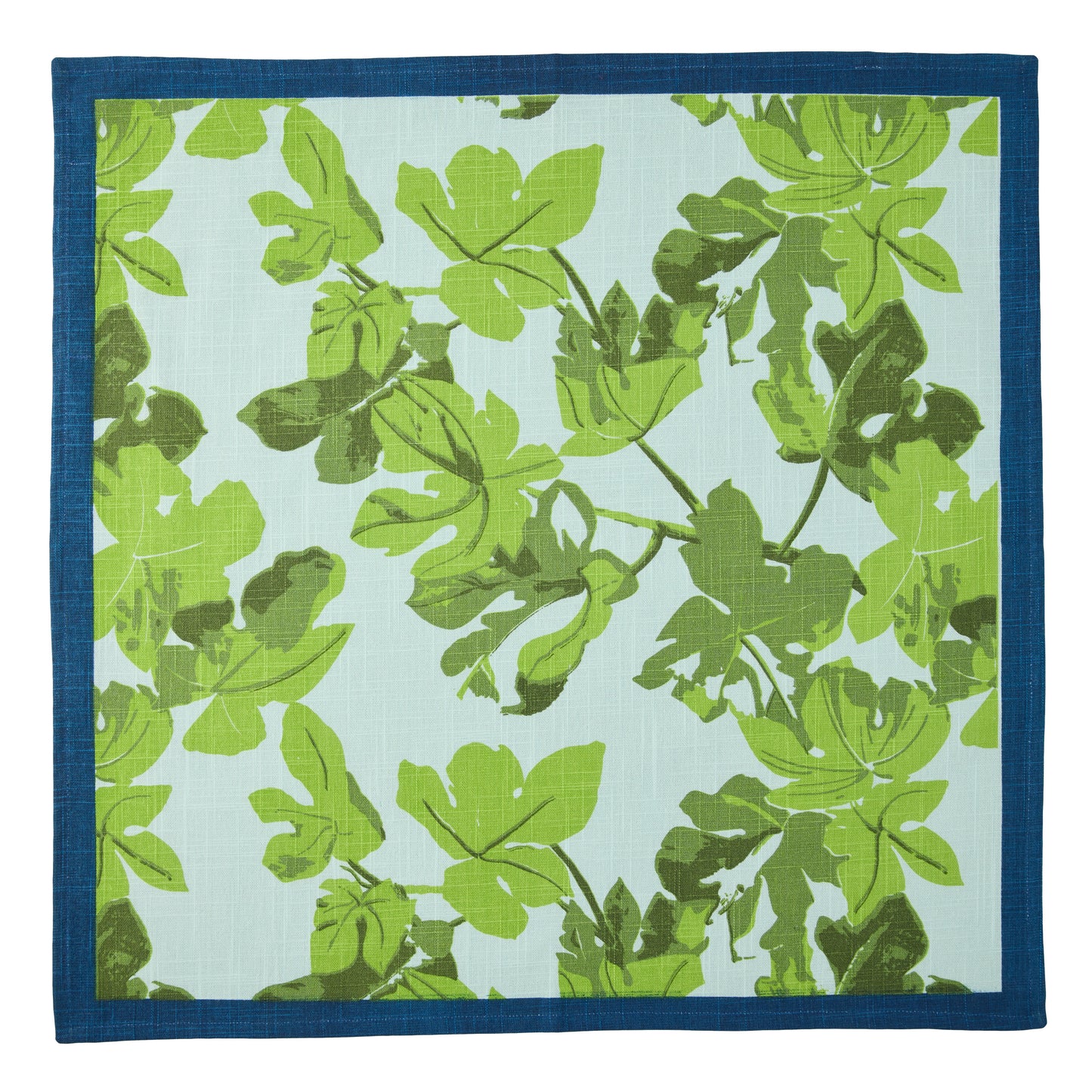 Peter Dunham + Hudson Grace Green Fig Leaf Printed Blue Napkin with blue border, 100% cotton slub.