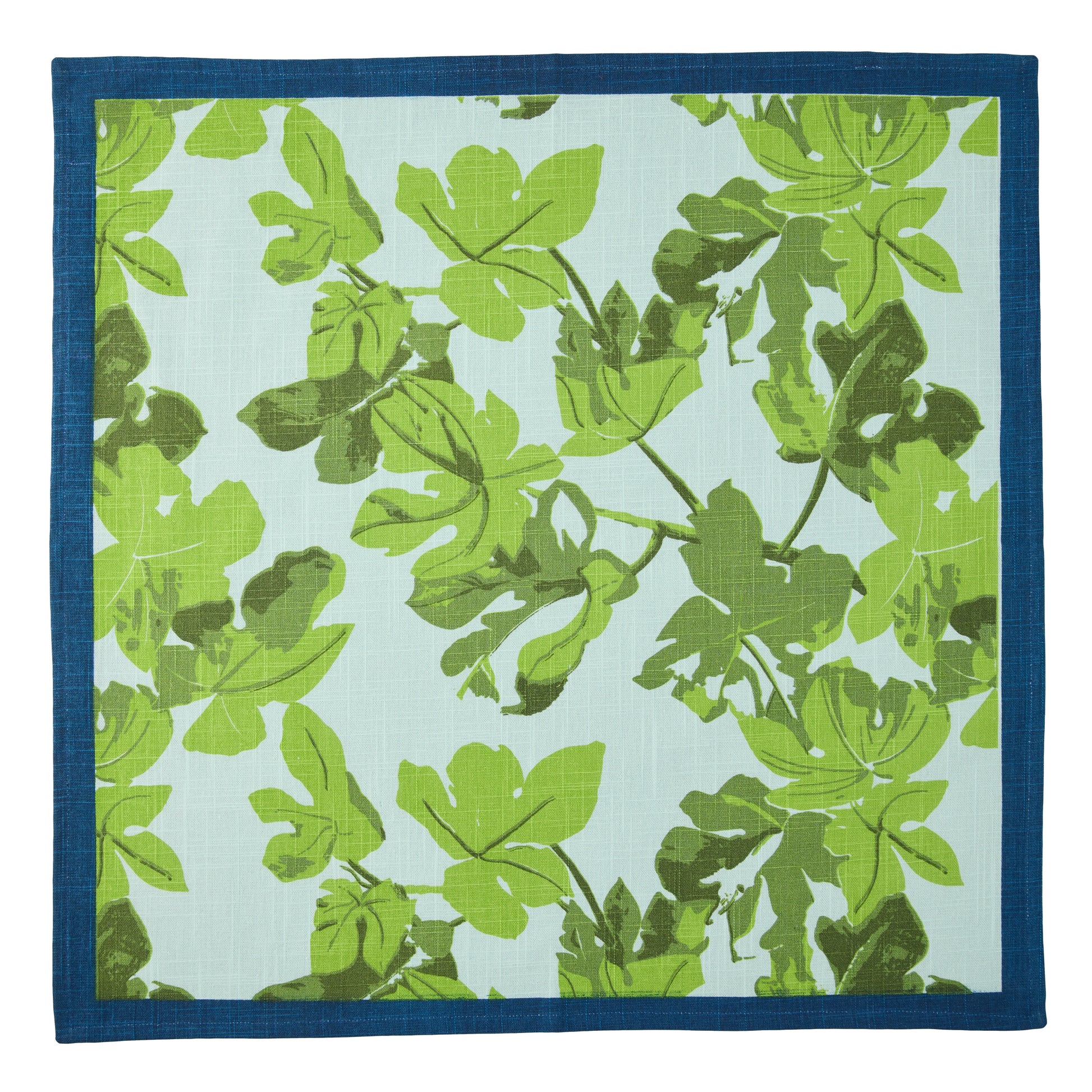 Peter Dunham + Hudson Grace Green Fig Leaf Printed Blue Napkin with blue border, 100% cotton slub.