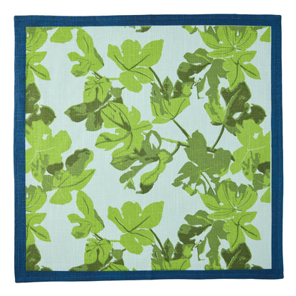 Peter Dunham + Hudson Grace Green Fig Leaf Printed Blue Napkin with blue border, 100% cotton slub.