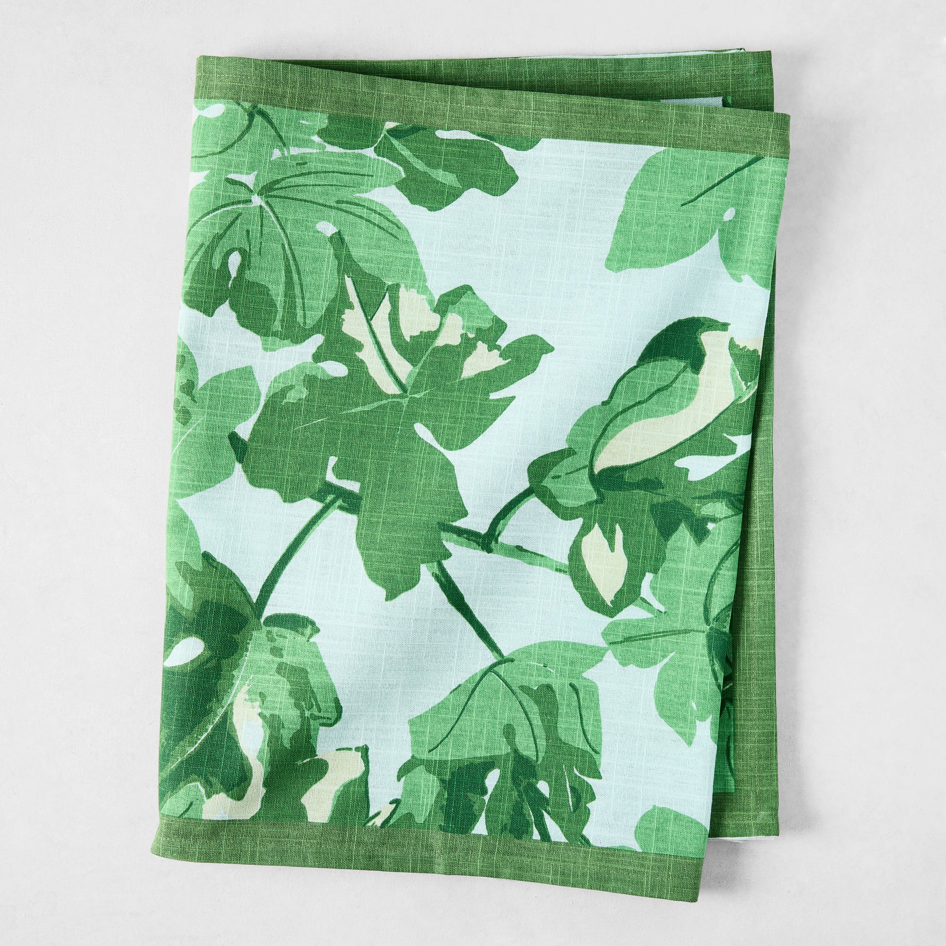 Peter Dunham + Hudson Grace Green Fig Leaf Printed Pale Blue Runner, 100% cotton slub, folded.