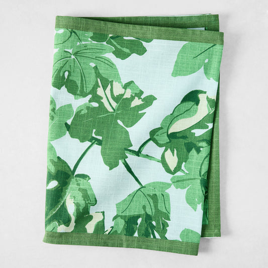 Peter Dunham + Hudson Grace Green Fig Leaf Printed Pale Blue Runner, 100% cotton slub, folded.