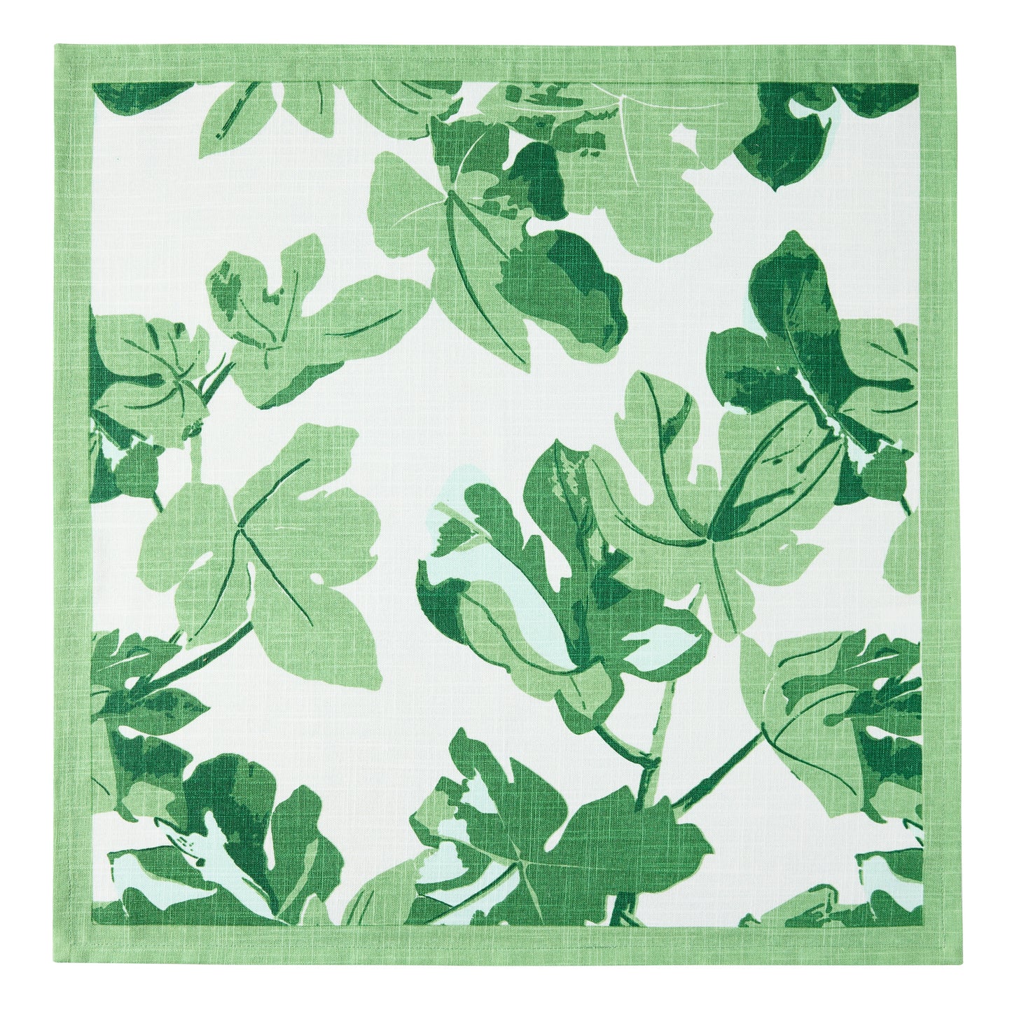 Peter Dunham + Hudson Grace Green Fig Leaf printed white cotton napkin with green border.