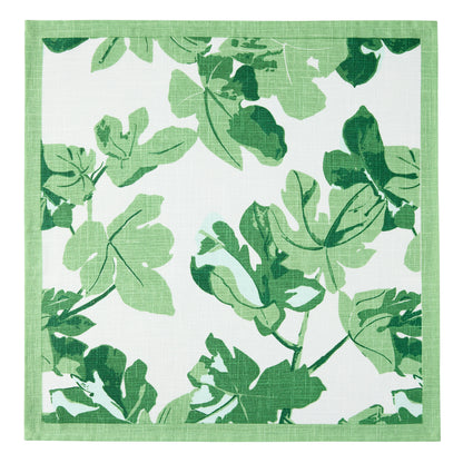 Peter Dunham + Hudson Grace Green Fig Leaf printed white cotton napkin with green border.
