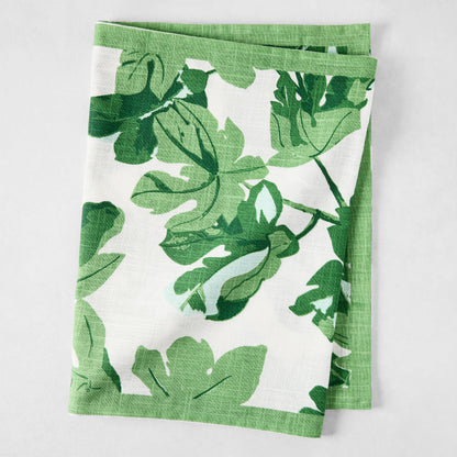 Peter Dunham + Hudson Grace Green Fig Leaf Printed White Runner, 100% cotton slub, folded.