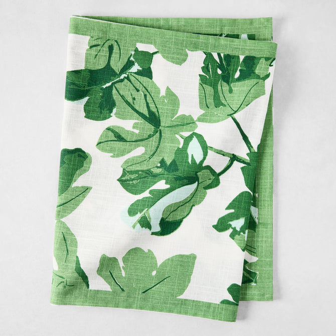 Peter Dunham + Hudson Grace Green Fig Leaf Printed White Runner, 100% cotton slub, folded.