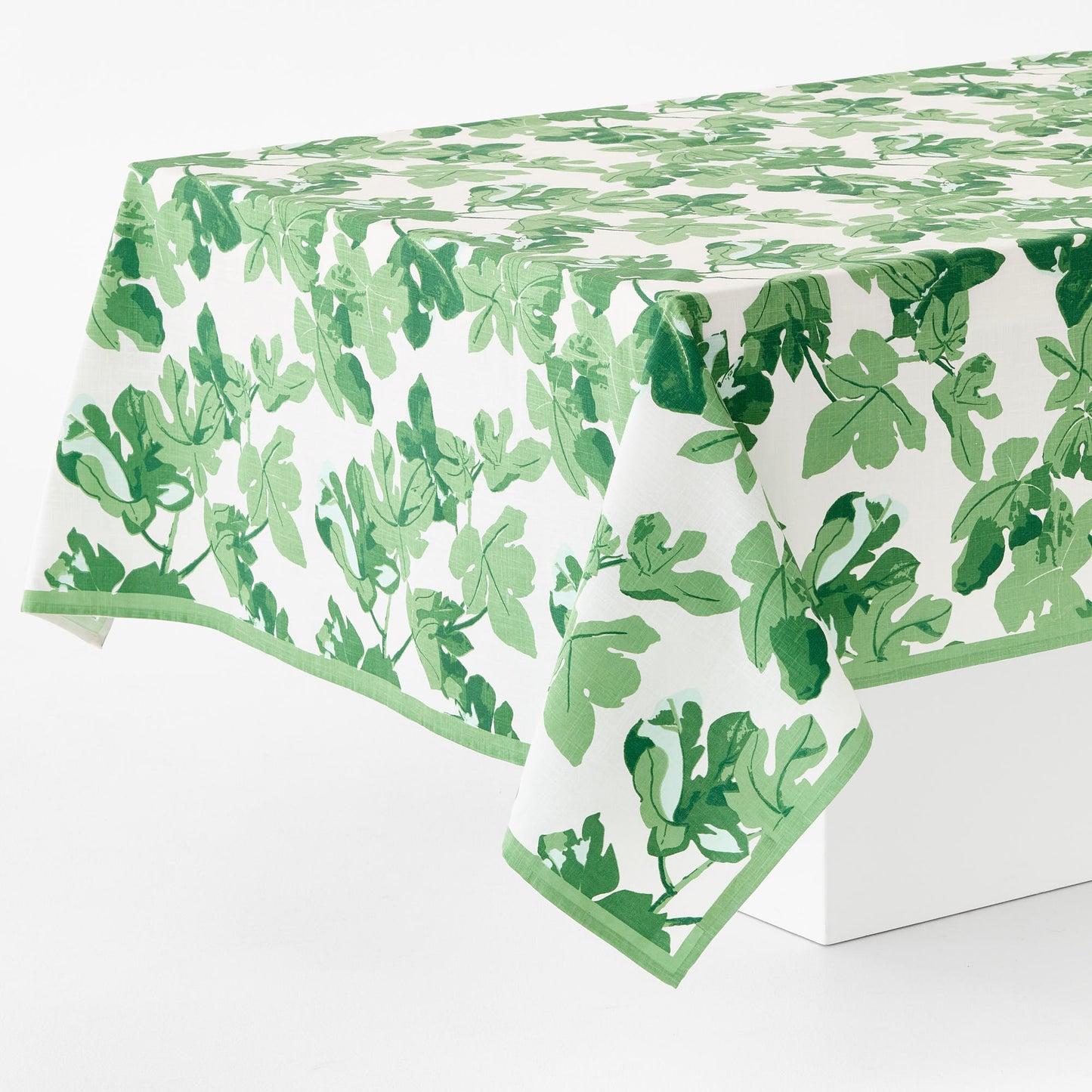 Peter Dunham + Hudson Grace Green Fig Leaf Printed White Tablecloth