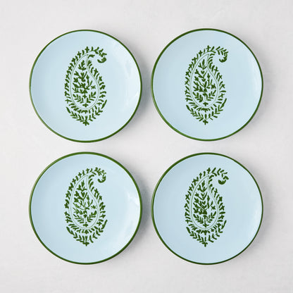 Four Peter Dunham + Hudson Grace green hand-painted Kashmir paisley appetizer plates on a light background.