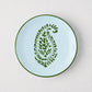 Peter Dunham + Hudson Grace green hand-painted Kashmir paisley appetizer plate, light blue with green rim.