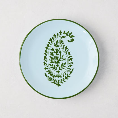 Peter Dunham + Hudson Grace green hand-painted Kashmir paisley appetizer plate, light blue with green rim.