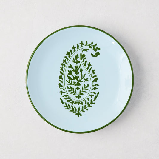 Peter Dunham + Hudson Grace green hand-painted Kashmir paisley appetizer plate, light blue with green rim.