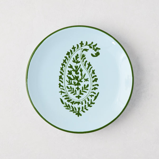 Peter Dunham + Hudson Grace green hand-painted Kashmir paisley appetizer plate, light blue with green rim.