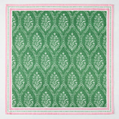 Peter Dunham + Hudson Grace Green Jaali printed cotton slub napkin with pink border.