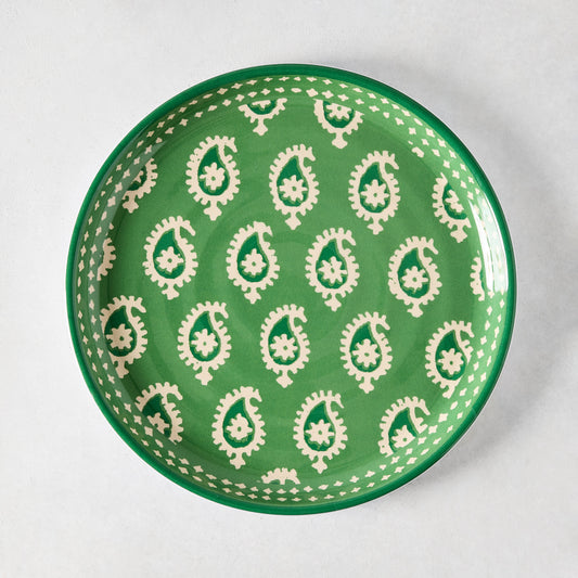 Peter Dunham + Hudson Grace Green Janpath Melamine Salad Plate with paisley pattern and graphic border.