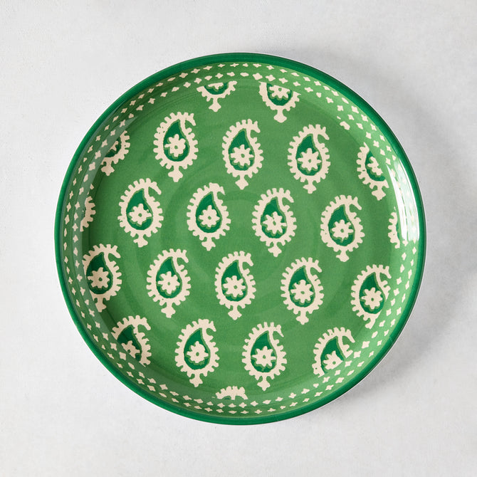 Peter Dunham + Hudson Grace Green Janpath Melamine Salad Plate with paisley pattern and graphic border.
