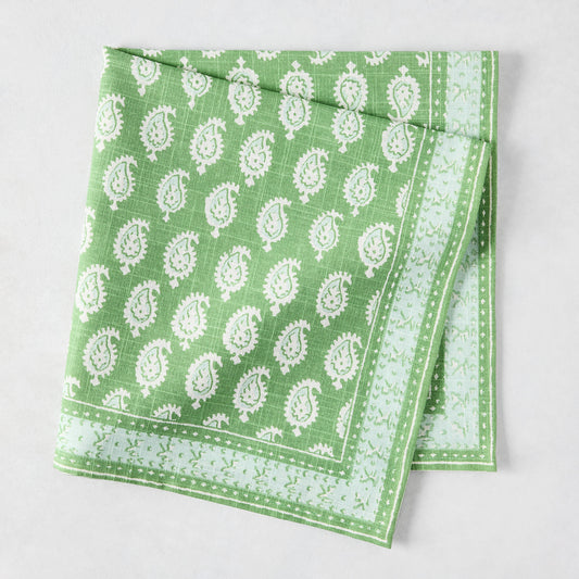 Peter Dunham + Hudson Grace Green Janpath Printed Napkin, 100% cotton slub, with white paisley and graphic border.