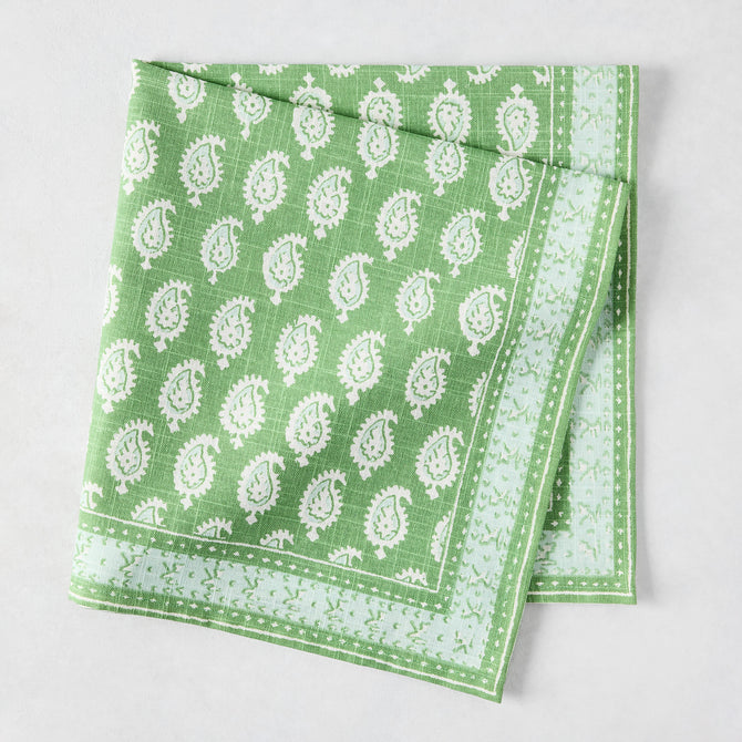 Peter Dunham + Hudson Grace Green Janpath Printed Napkin, 100% cotton slub, with white paisley and graphic border.