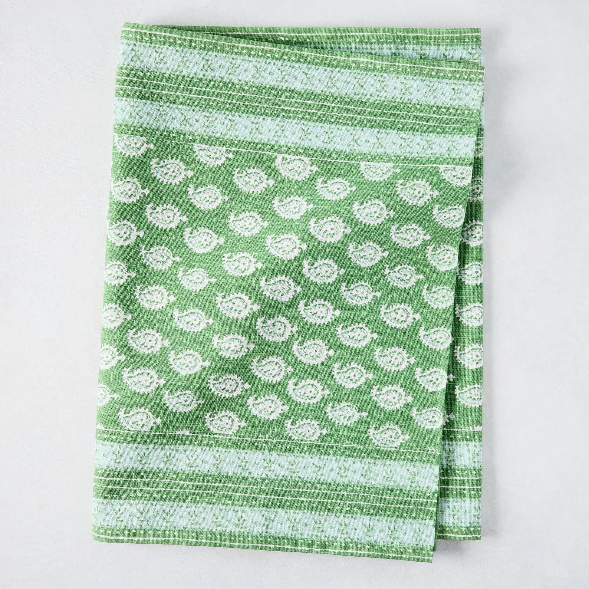 Peter Dunham + Hudson Grace Green Janpath Printed Table Runner, 100% cotton slub, paisley and floral border.