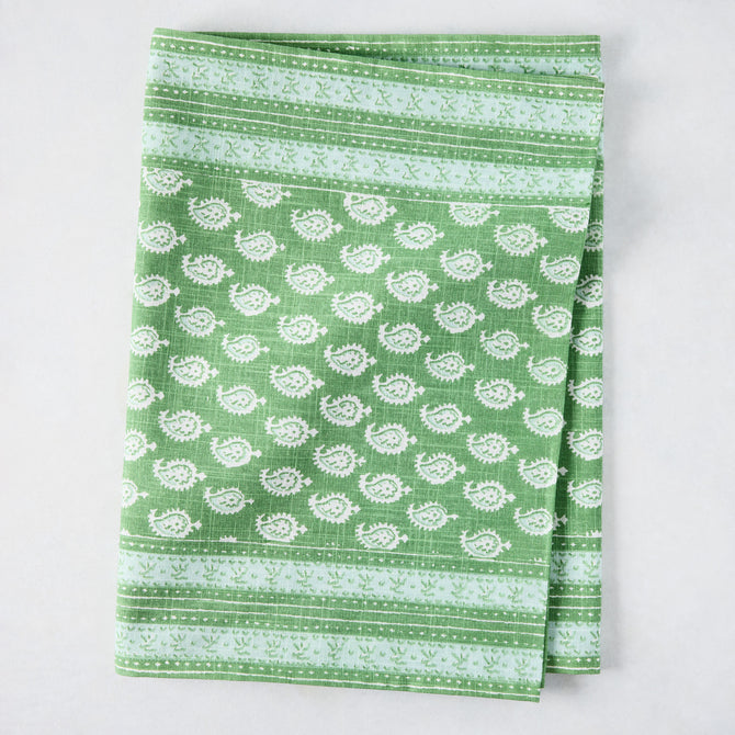 Peter Dunham + Hudson Grace Green Janpath Printed Table Runner, 100% cotton slub, paisley and floral border.